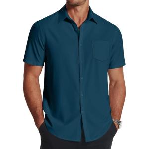 imageCOOFANDY Mens Short Sleeve Dress Shirts Wrinkle Free Regular Fit Dress Shirt Textured Casual Button Down ShirtsLake Blue