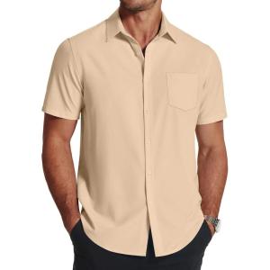 imageCOOFANDY Mens Short Sleeve Dress Shirts Wrinkle Free Regular Fit Dress Shirt Textured Casual Button Down ShirtsLight Khaki