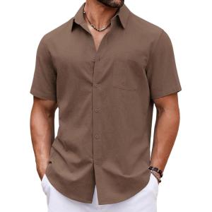 imageCOOFANDY Button Down Shirt for Men Short Sleeve Casual Shirt Summer Beach Vacation Shirt with PocketBrown