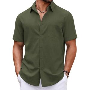 imageCOOFANDY Button Down Shirt for Men Short Sleeve Casual Shirt Summer Beach Vacation Shirt with PocketDark Army Green