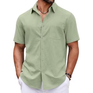 imageCOOFANDY Button Down Shirt for Men Short Sleeve Casual Shirt Summer Beach Vacation Shirt with PocketLight Green