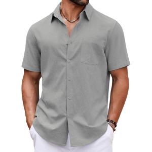 imageCOOFANDY Button Down Shirt for Men Short Sleeve Casual Shirt Summer Beach Vacation Shirt with PocketLight Grey