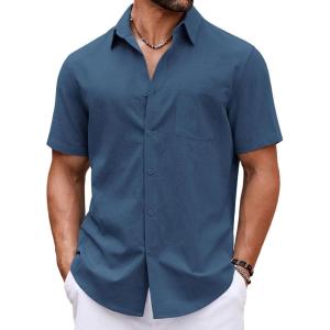 imageCOOFANDY Button Down Shirt for Men Short Sleeve Casual Shirt Summer Beach Vacation Shirt with PocketNavy Blue