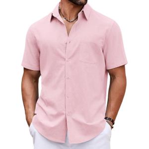 imageCOOFANDY Button Down Shirt for Men Short Sleeve Casual Shirt Summer Beach Vacation Shirt with PocketPink