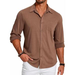 imageCOOFANDY Mens Casual Button Down Shirt Long Sleeve Wrinkle Free Shirts Loose fit Shirt Textured Stretch Shirts with PocketBrown