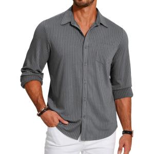 imageCOOFANDY Mens Casual Button Down Shirt Long Sleeve Wrinkle Free Shirts Loose fit Shirt Textured Stretch Shirts with PocketDark Grey