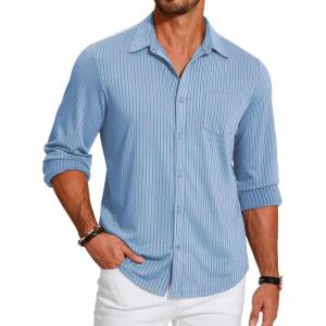 imageCOOFANDY Mens Casual Button Down Shirt Long Sleeve Wrinkle Free Shirts Loose fit Shirt Textured Stretch Shirts with PocketLight Blue