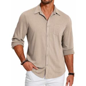imageCOOFANDY Mens Casual Button Down Shirt Long Sleeve Wrinkle Free Shirts Loose fit Shirt Textured Stretch Shirts with PocketLight Brown