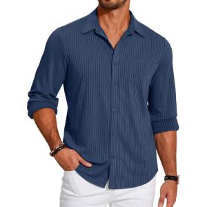 imageCOOFANDY Mens Casual Button Down Shirt Long Sleeve Wrinkle Free Shirts Loose fit Shirt Textured Stretch Shirts with PocketNavy Blue