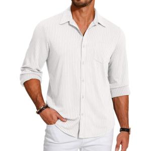 imageCOOFANDY Mens Casual Button Down Shirt Long Sleeve Wrinkle Free Shirts Loose fit Shirt Textured Stretch Shirts with PocketWhite