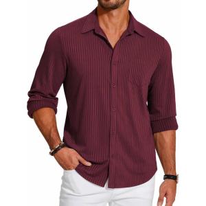 imageCOOFANDY Mens Casual Button Down Shirt Long Sleeve Wrinkle Free Shirts Loose fit Shirt Textured Stretch Shirts with PocketWine Red