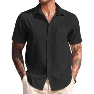 imageCOOFANDY Mens Casual Short Sleeve Button Down Summer Beach Shirt Lightweight Textured Wrinkle Free Untucked ShirtsBlack