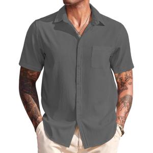 imageCOOFANDY Mens Casual Short Sleeve Button Down Summer Beach Shirt Lightweight Textured Wrinkle Free Untucked ShirtsGranite Gray