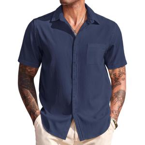 imageCOOFANDY Mens Casual Short Sleeve Button Down Summer Beach Shirt Lightweight Textured Wrinkle Free Untucked ShirtsMedieval Blue