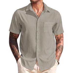 imageCOOFANDY Mens Casual Short Sleeve Button Down Summer Beach Shirt Lightweight Textured Wrinkle Free Untucked ShirtsQuiet Gray