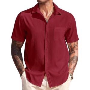 imageCOOFANDY Mens Casual Short Sleeve Button Down Summer Beach Shirt Lightweight Textured Wrinkle Free Untucked ShirtsScarlet Sage