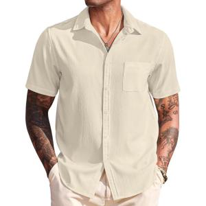 imageCOOFANDY Mens Casual Short Sleeve Button Down Summer Beach Shirt Lightweight Textured Wrinkle Free Untucked ShirtsVanilla Ice