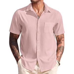 imageCOOFANDY Mens Casual Short Sleeve Button Down Summer Beach Shirt Lightweight Textured Wrinkle Free Untucked ShirtsVeiled Rose