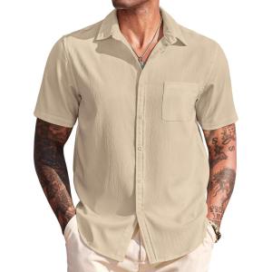 imageCOOFANDY Mens Casual Short Sleeve Button Down Summer Beach Shirt Lightweight Textured Wrinkle Free Untucked ShirtsWood Ash