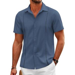 imageCOOFANDY Mens Cuban Guayabera Shirts Short Sleeve Button Down Shirt Lightweight Summer Beach ShirtsBlue
