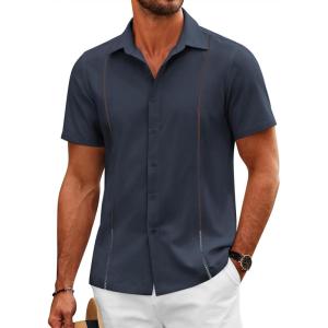 imageCOOFANDY Mens Cuban Guayabera Shirts Short Sleeve Button Down Shirt Lightweight Summer Beach ShirtsNavy Blue