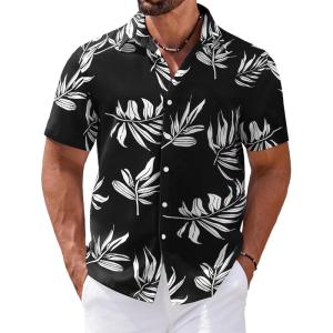 imageCOOFANDY Mens Hawaiian Shirts Short Sleeve Casual Button Down Tropical Shirt Summer Floral Vacation Beach ShirtsBlack Leaf
