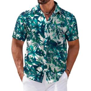 imageCOOFANDY Mens Hawaiian Shirts Short Sleeve Casual Button Down Tropical Shirt Summer Floral Vacation Beach ShirtsLeaf Printed