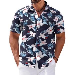 imageCOOFANDY Mens Hawaiian Shirts Short Sleeve Casual Button Down Tropical Shirt Summer Floral Vacation Beach ShirtsNavy Blue Floral