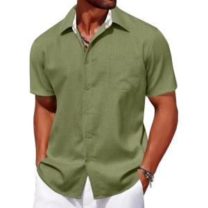 imageCOOFANDY Mens Linen Short Sleeve Button Down Shirts Casual Summer Beach Vacation ShirtsChive