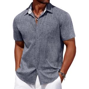imageCOOFANDY Mens Linen Short Sleeve Button Down Shirts Casual Summer Beach Vacation ShirtsMedieval Blue