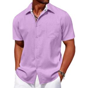 imageCOOFANDY Mens Linen Short Sleeve Button Down Shirts Casual Summer Beach Vacation ShirtsPurple Rose