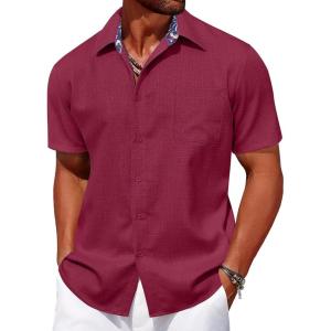 imageCOOFANDY Mens Linen Short Sleeve Button Down Shirts Casual Summer Beach Vacation ShirtsRed Dahlia