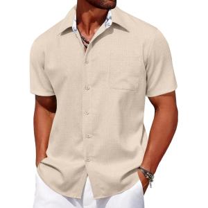 imageCOOFANDY Mens Linen Short Sleeve Button Down Shirts Casual Summer Beach Vacation ShirtsShortbread