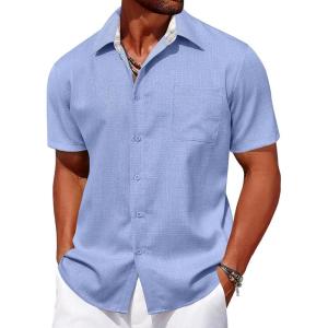 imageCOOFANDY Mens Linen Short Sleeve Button Down Shirts Casual Summer Beach Vacation ShirtsTrue Blue