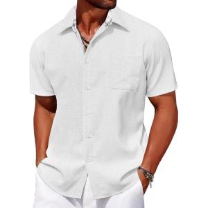 imageCOOFANDY Mens Linen Short Sleeve Button Down Shirts Casual Summer Beach Vacation ShirtsWhite