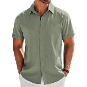 imageCOOFANDY Mens Casual Button Down Shirts Short Sleeve Beach Summer Shirt Vacation Wedding Shirts with PocketArmy Green