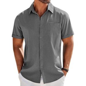 imageCOOFANDY Mens Casual Button Down Shirts Short Sleeve Beach Summer Shirt Vacation Wedding Shirts with PocketDark Grey