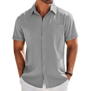imageCOOFANDY Mens Casual Button Down Shirts Short Sleeve Beach Summer Shirt Vacation Wedding Shirts with PocketGrey