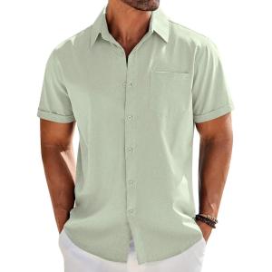 imageCOOFANDY Mens Casual Button Down Shirts Short Sleeve Beach Summer Shirt Vacation Wedding Shirts with PocketLight Green