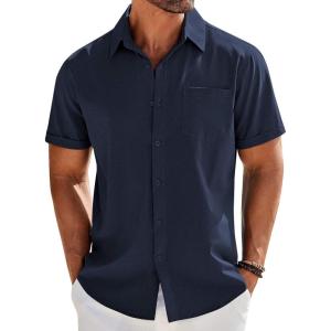 imageCOOFANDY Mens Casual Button Down Shirts Short Sleeve Beach Summer Shirt Vacation Wedding Shirts with PocketNavy Blue