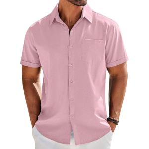 imageCOOFANDY Mens Casual Button Down Shirts Short Sleeve Beach Summer Shirt Vacation Wedding Shirts with PocketPink