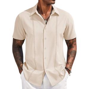 imageCOOFANDY Mens Cuban Guayabera Short Sleeve Shirt Casual Summer Beach Tops Button Down Untucked ShirtsBeige