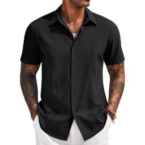 imageCOOFANDY Mens Cuban Guayabera Short Sleeve Shirt Casual Summer Beach Tops Button Down Untucked ShirtsBlack