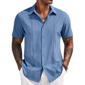 imageCOOFANDY Mens Cuban Guayabera Short Sleeve Shirt Casual Summer Beach Tops Button Down Untucked ShirtsBlue