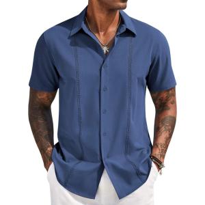 imageCOOFANDY Mens Cuban Guayabera Short Sleeve Shirt Casual Summer Beach Tops Button Down Untucked ShirtsDark Blue