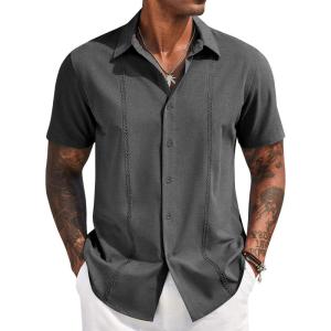 imageCOOFANDY Mens Cuban Guayabera Short Sleeve Shirt Casual Summer Beach Tops Button Down Untucked ShirtsGrey