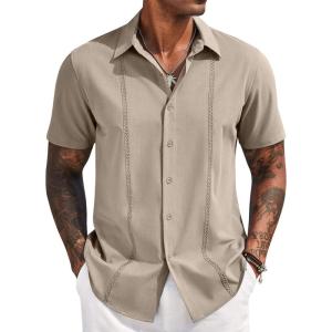 imageCOOFANDY Mens Cuban Guayabera Short Sleeve Shirt Casual Summer Beach Tops Button Down Untucked ShirtsKhaki