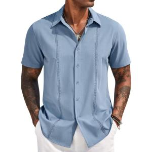 imageCOOFANDY Mens Cuban Guayabera Short Sleeve Shirt Casual Summer Beach Tops Button Down Untucked ShirtsLight Blue
