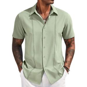imageCOOFANDY Mens Cuban Guayabera Short Sleeve Shirt Casual Summer Beach Tops Button Down Untucked ShirtsLight Green