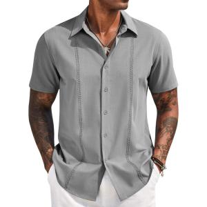 imageCOOFANDY Mens Cuban Guayabera Short Sleeve Shirt Casual Summer Beach Tops Button Down Untucked ShirtsLight Grey
